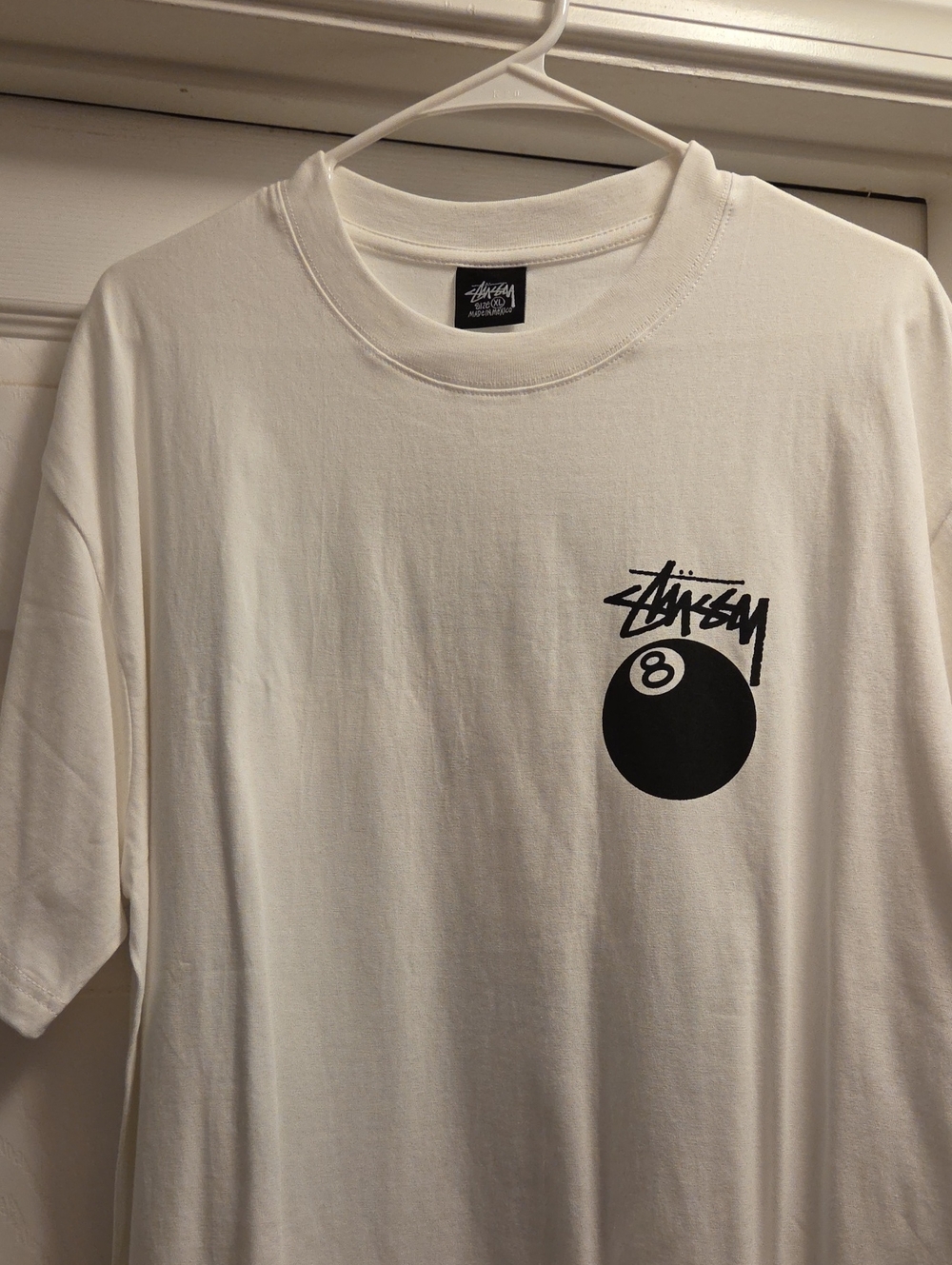 Stussy White Tee with Black 8-Ball Chest Graphic